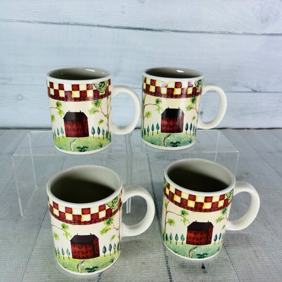 Thomson Pottery COUNTRY HOME Red White Check Farmhouse Tree 10 oz Cup Mugs Set 4 - Picture 2 of 15